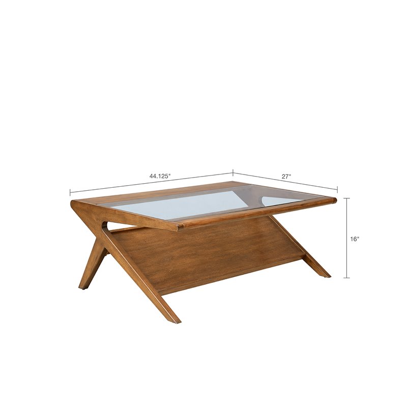 Pemberly Row Rectangular Solid Wood and Glass Coffee Table in Brown