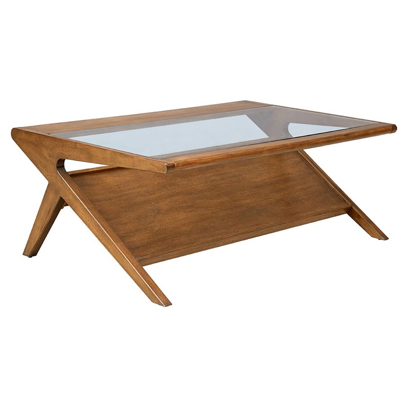 Pemberly Row Rectangular Solid Wood and Glass Coffee Table in Brown