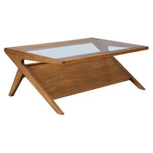 Pemberly Row Rectangular Solid Wood and Glass Coffee Table in Brown