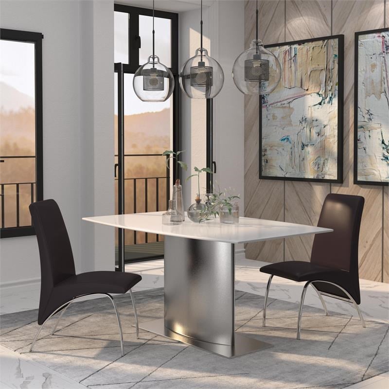 Pemberly Row Polyurethane Seat and Chrome Leg Dining Chair in Brown (Set of 2)
