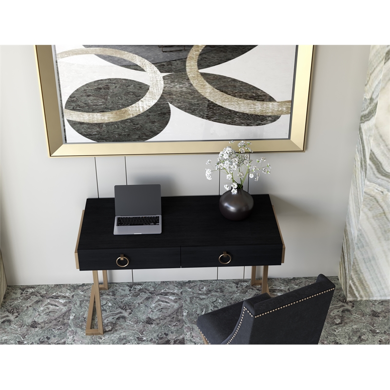 Pemberly Row Modern Stainless Steel/Wood Desk in Black Ash/Brass