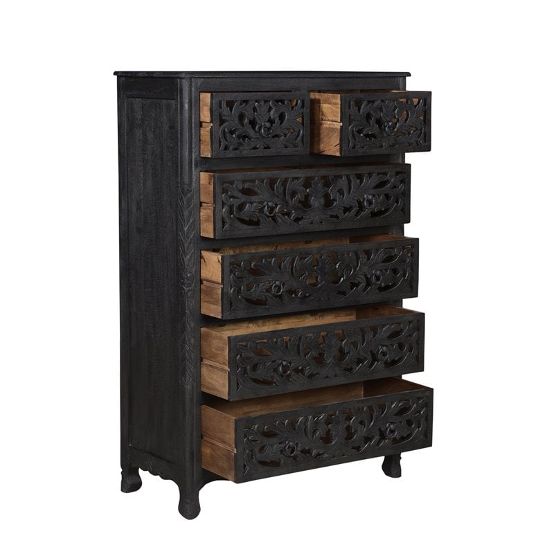 Pemberly Row 6-drawer Floral Carved Solid Wood Chest in Black