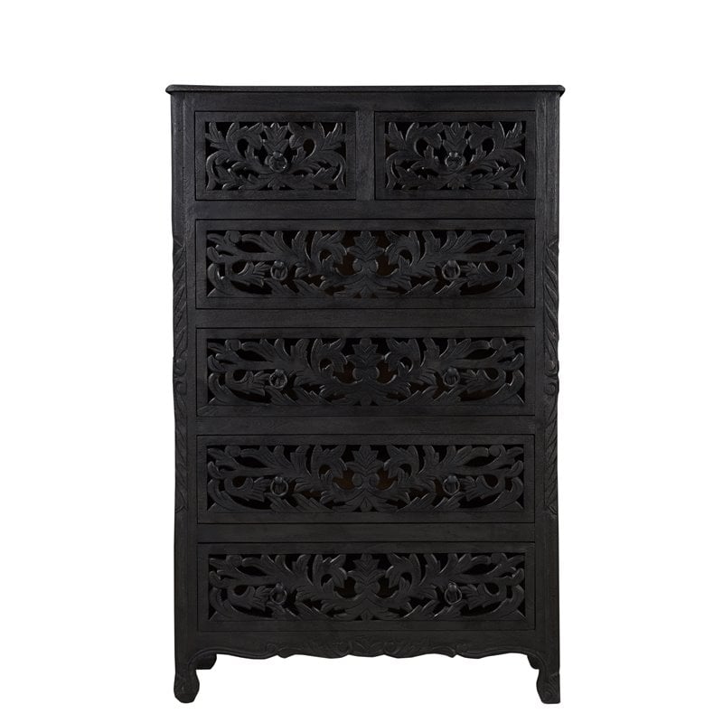 Pemberly Row 6-drawer Floral Carved Solid Wood Chest in Black