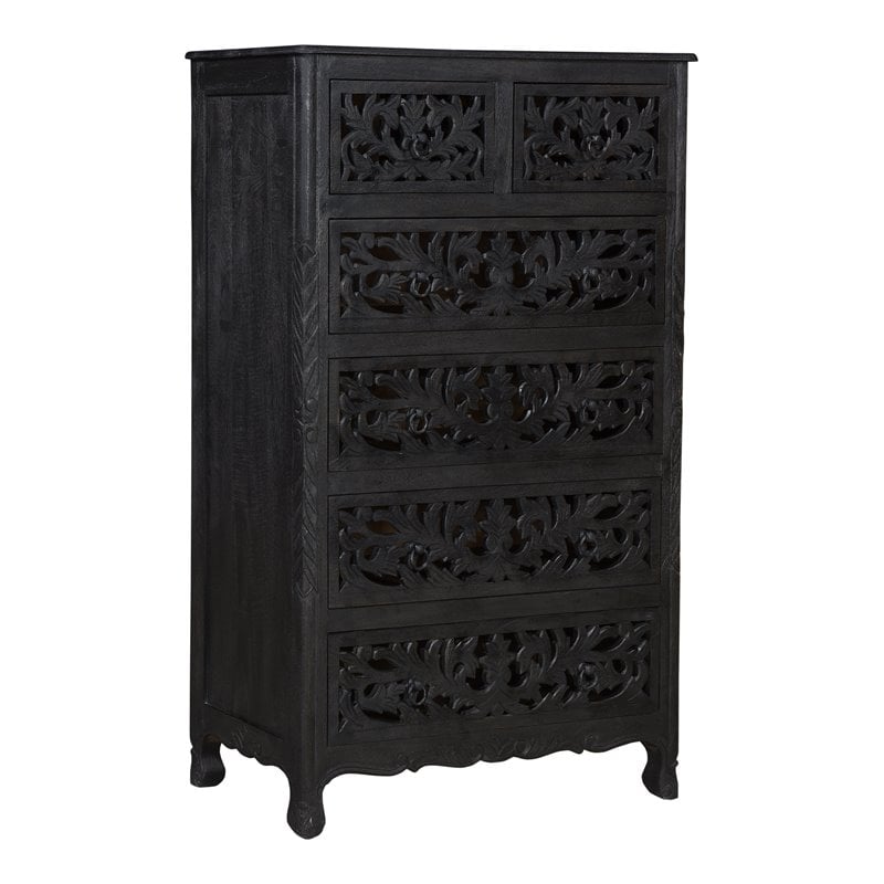 Pemberly Row 6-drawer Floral Carved Solid Wood Chest in Black