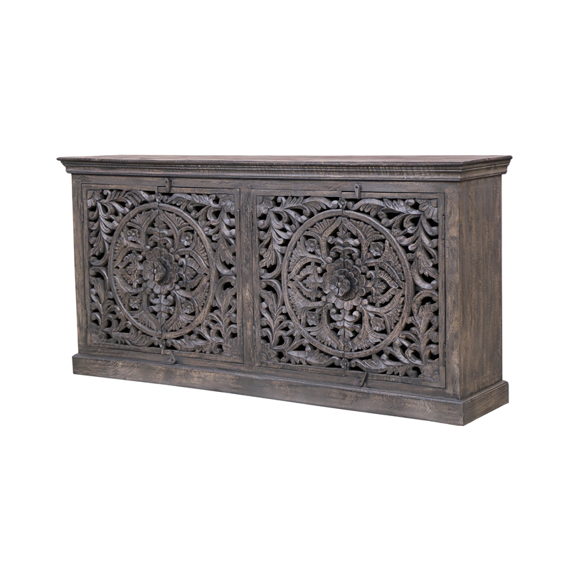 Pemberly Row 4-Door Sideboard in Distressed Gray Finish on Mango Solid Wood