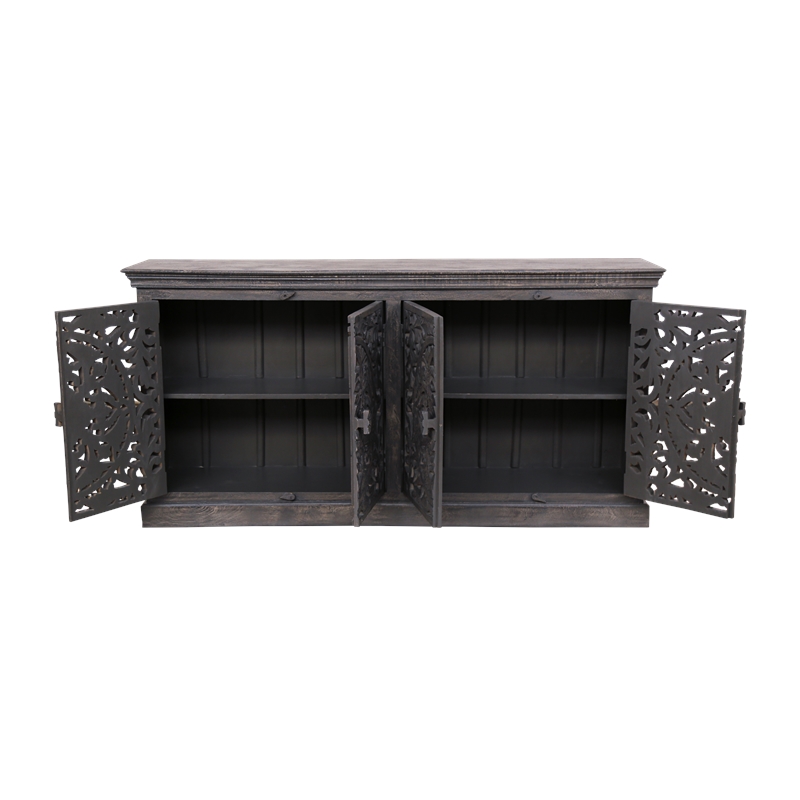 Pemberly Row 4-Door Sideboard in Distressed Gray Finish on Mango Solid Wood