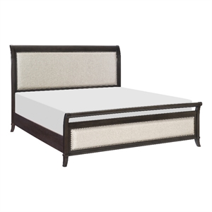 Pemberly Row King Bed with Upholstered Headboard in Dark Cherry/Beige
