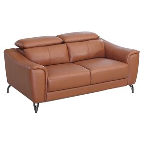 Pemberly Row Adjustable Headrest Modern Metal and Leather Loveseat in Brown
