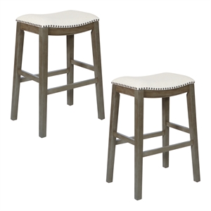 Pemberly Row Saddle Stool 30&quot in Linen White Fabric and Antique Gray Base 2-Pack