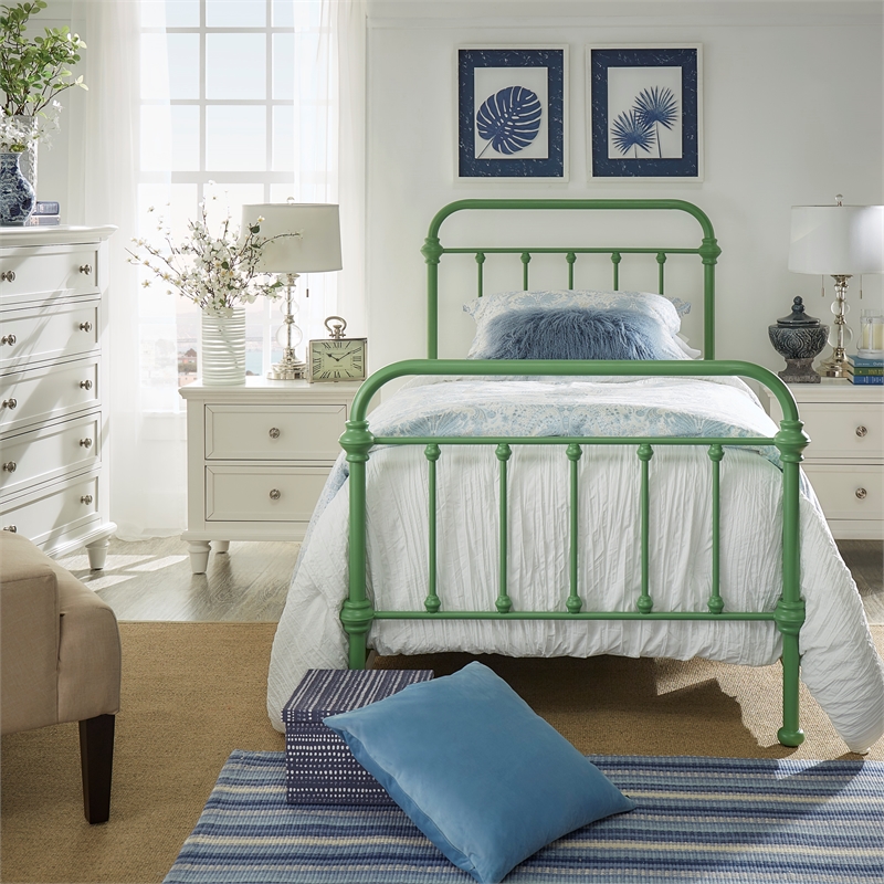 Pemberly Row Twin Size Antique Graceful Victorian Metal Bed in Meadow Green