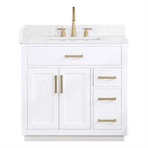 Pemberly Row Wood Vanity in White w/ Grain White Composite Stone Top no Mirror