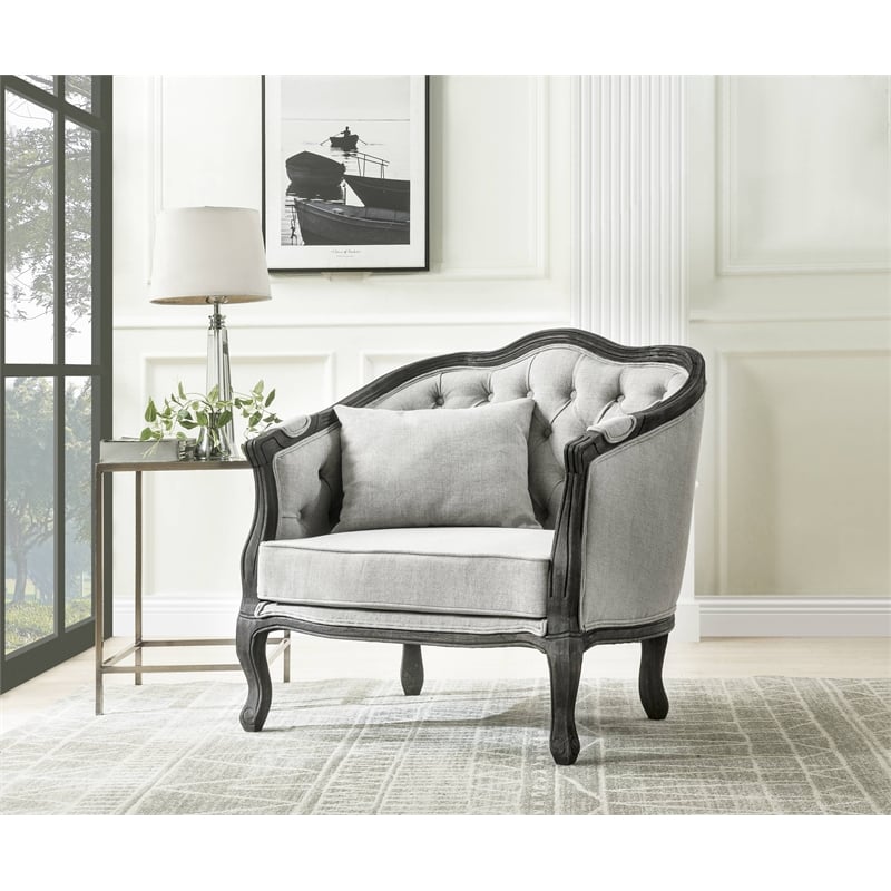 Pemberly Row Linen Chair with Wooden Frame and Pillow in Gray and Dark Brown