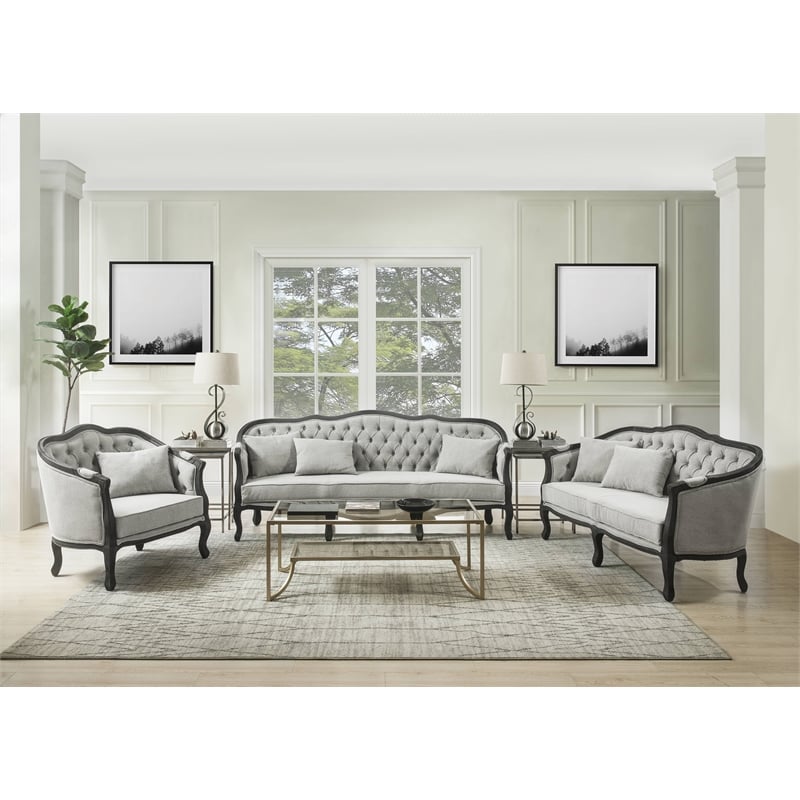 Pemberly Row Linen Chair with Wooden Frame and Pillow in Gray and Dark Brown