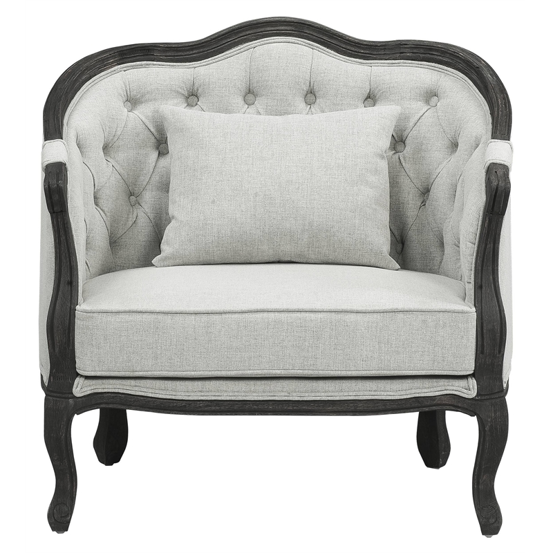 Pemberly Row Linen Chair with Wooden Frame and Pillow in Gray and Dark Brown