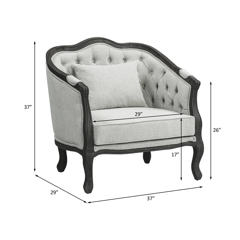 Pemberly Row Linen Chair with Wooden Frame and Pillow in Gray and Dark Brown
