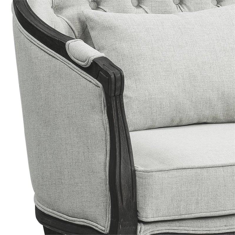 Pemberly Row Linen Chair with Wooden Frame and Pillow in Gray and Dark Brown