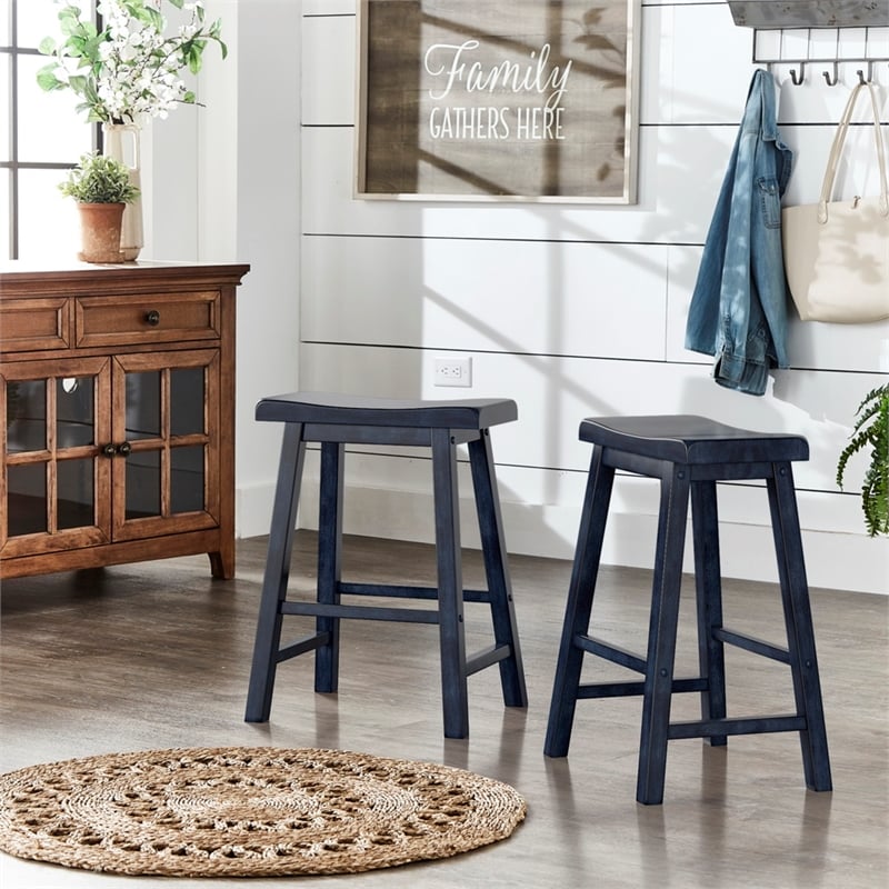 Pemberly Row Saddleback Counter Height Stools (Set of 2) in Antique Denim Blue