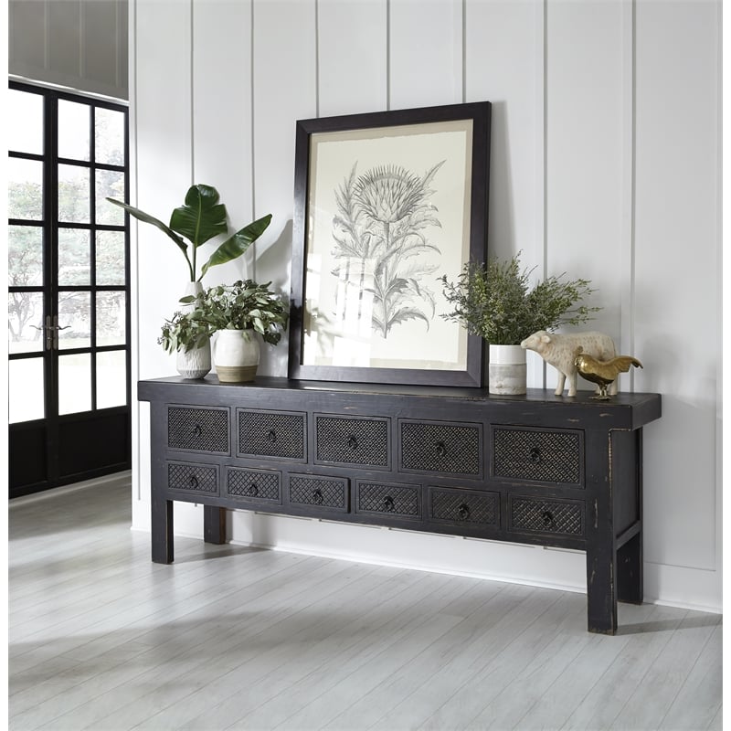 Pemberly Row 11-Drawer Reclaimed Pine Wood Console Table in Black