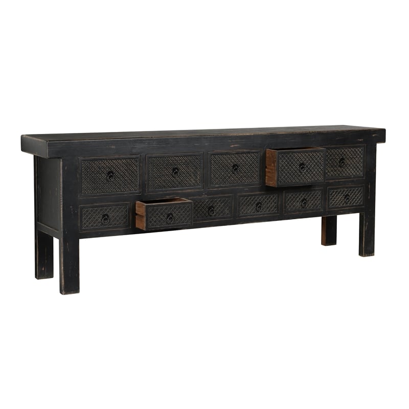 Pemberly Row 11-Drawer Reclaimed Pine Wood Console Table in Black
