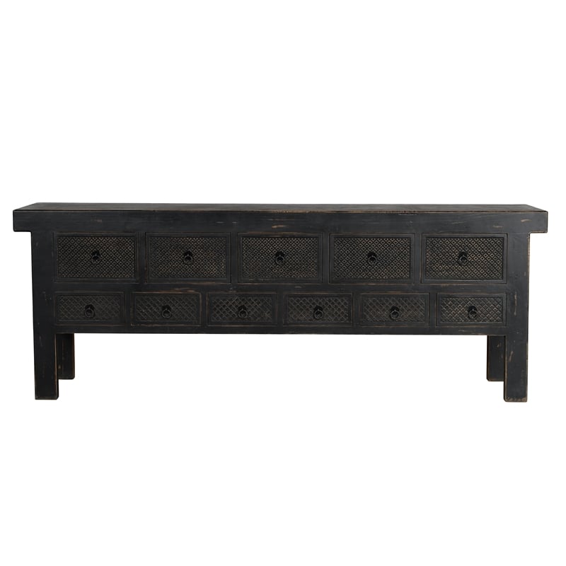 Pemberly Row 11-Drawer Reclaimed Pine Wood Console Table in Black