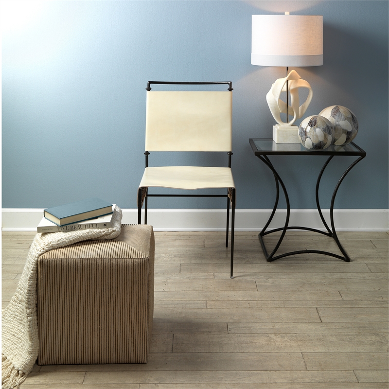 Pemberly Row Square Modern Hair on Hide Leather Ottoman in Cream