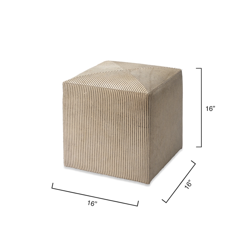 Pemberly Row Square Modern Hair on Hide Leather Ottoman in Cream