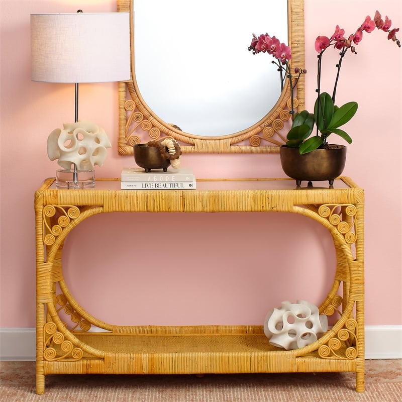 Pemberly Row Coastal Rattan & Glass Console Table in Natural