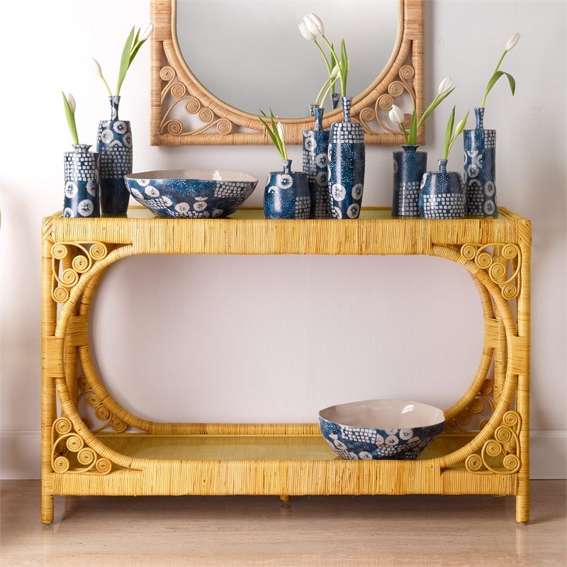 Pemberly Row Coastal Rattan & Glass Console Table in Natural