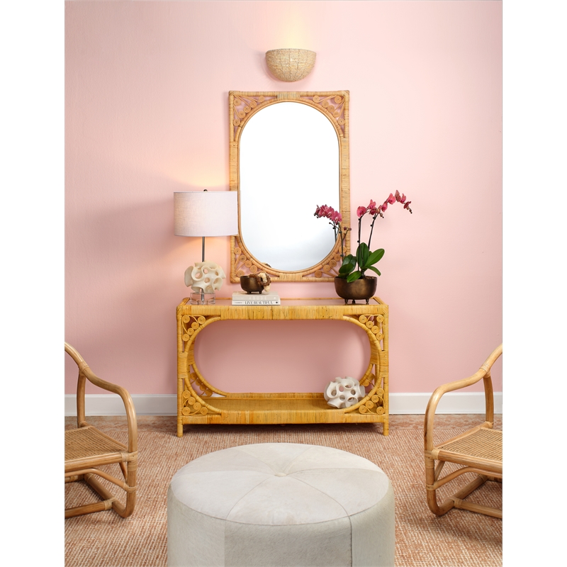 Pemberly Row Coastal Rattan & Glass Console Table in Natural