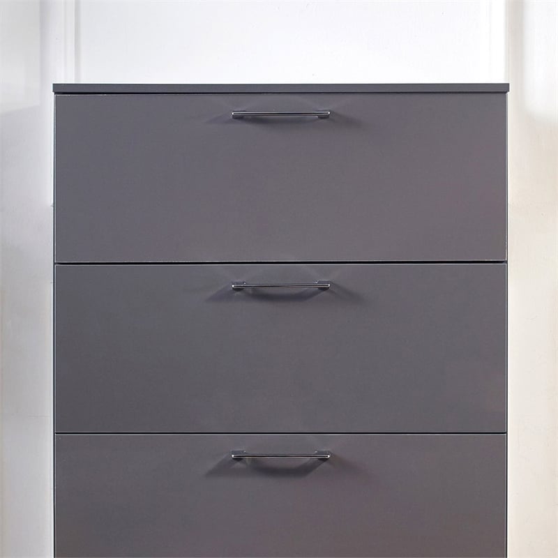 Pemberly Row Glossy 4-Drawer Engineered Wood Jumbo Chest in Dark Gray