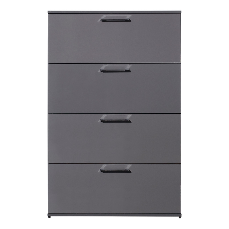 Pemberly Row Glossy 4-Drawer Engineered Wood Jumbo Chest in Dark Gray