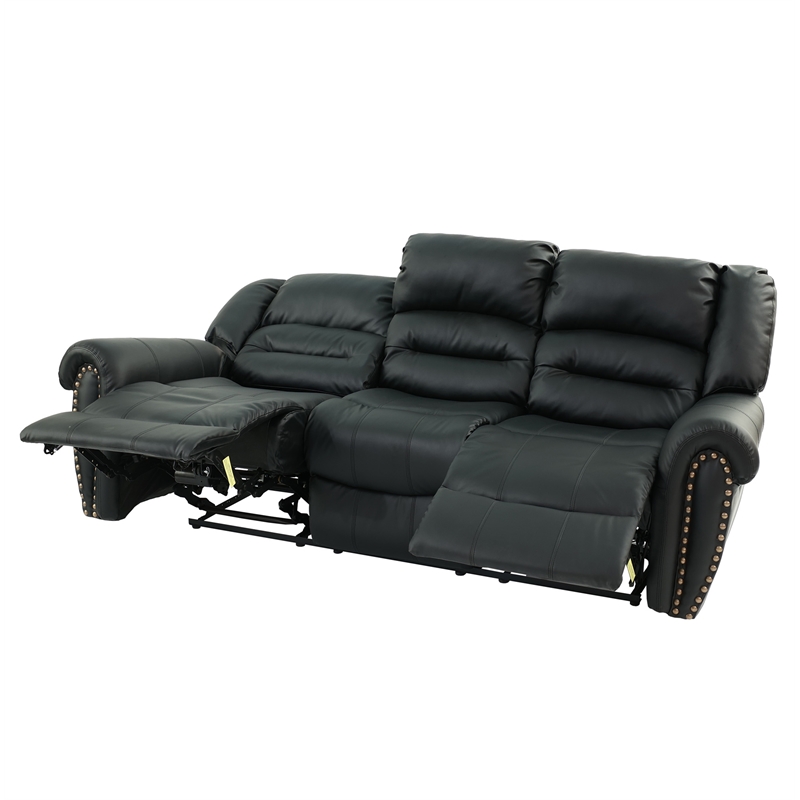 Pemberly Row Modern 3-Seater Manual Bonded Leather Sofa in Black