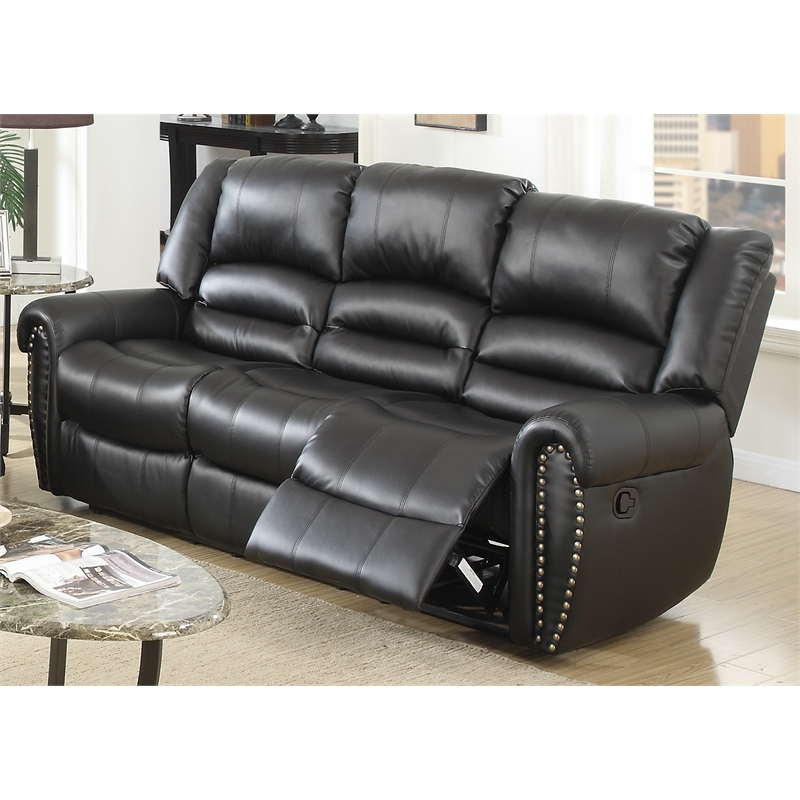 Pemberly Row Modern 3-Seater Manual Bonded Leather Sofa in Black
