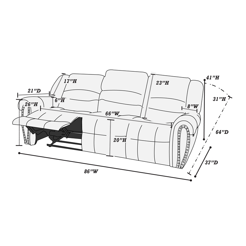 Pemberly Row Modern 3-Seater Manual Bonded Leather Sofa in Black
