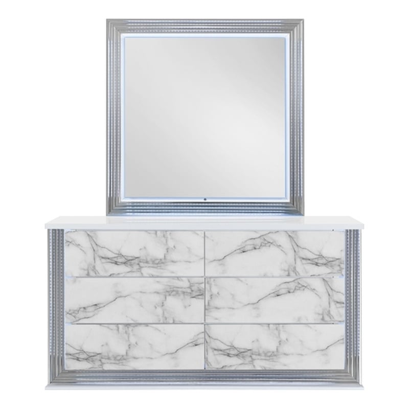 Pemberly Row Modern White High Gloss Marble Dresser With LED