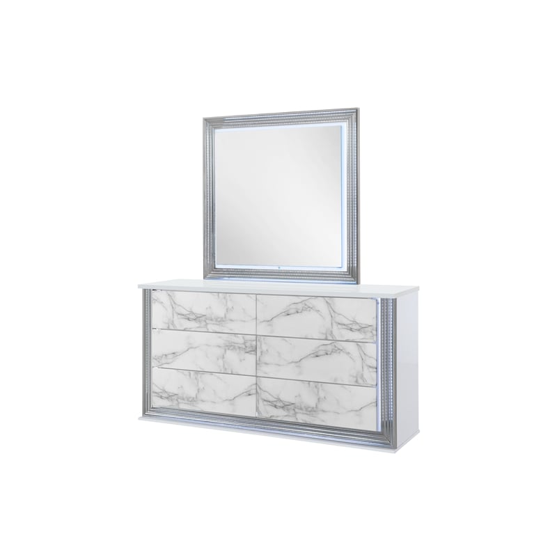 Pemberly Row Modern White High Gloss Marble Dresser With LED