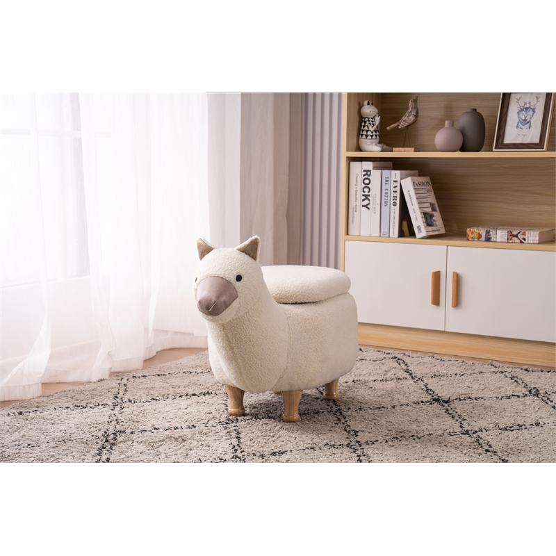 Pemberly Row Llama Animal Solid Wood & Fabric Storage Ottoman in Beige/White