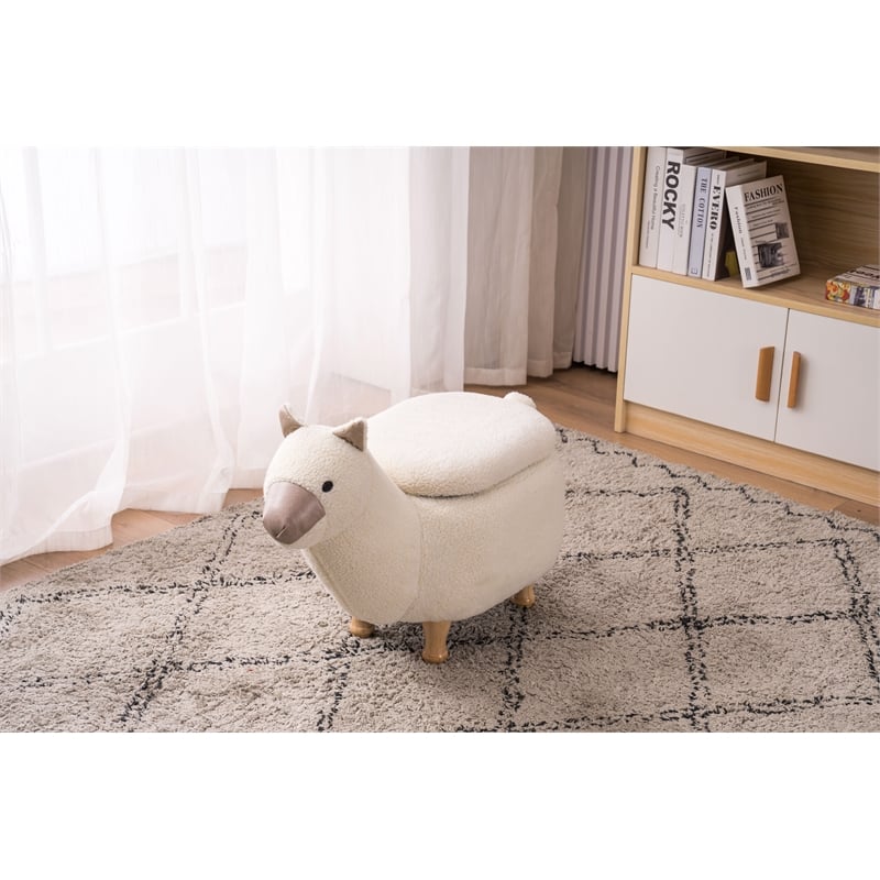 Pemberly Row Llama Animal Solid Wood & Fabric Storage Ottoman in Beige/White