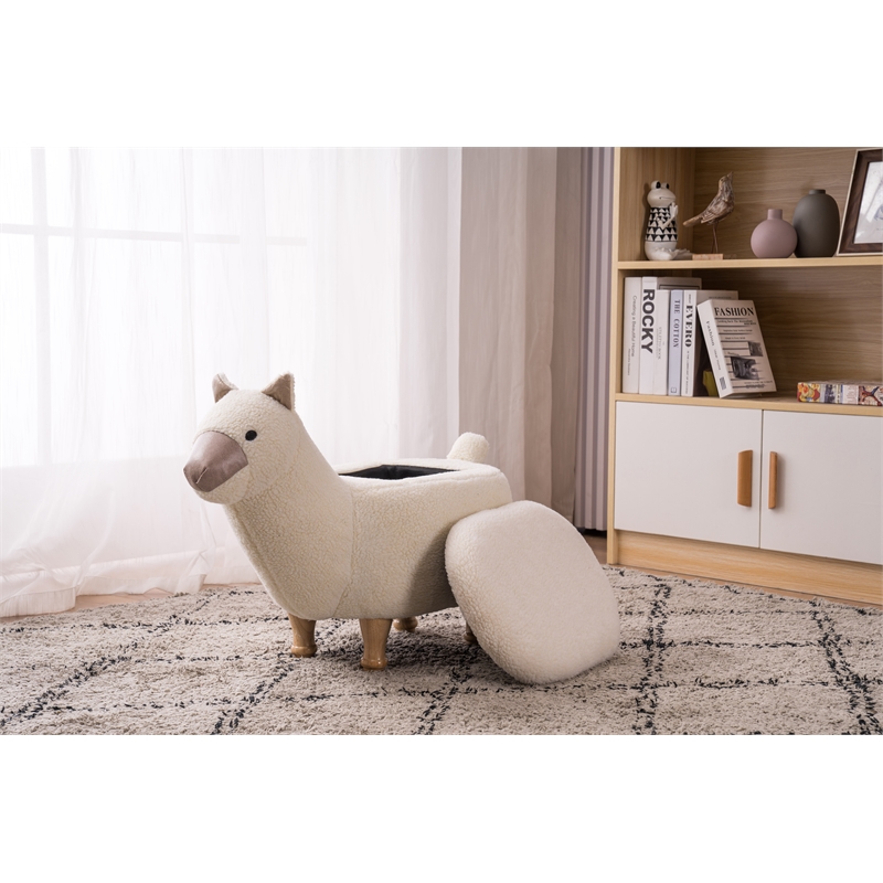 Pemberly Row Llama Animal Solid Wood & Fabric Storage Ottoman in Beige/White