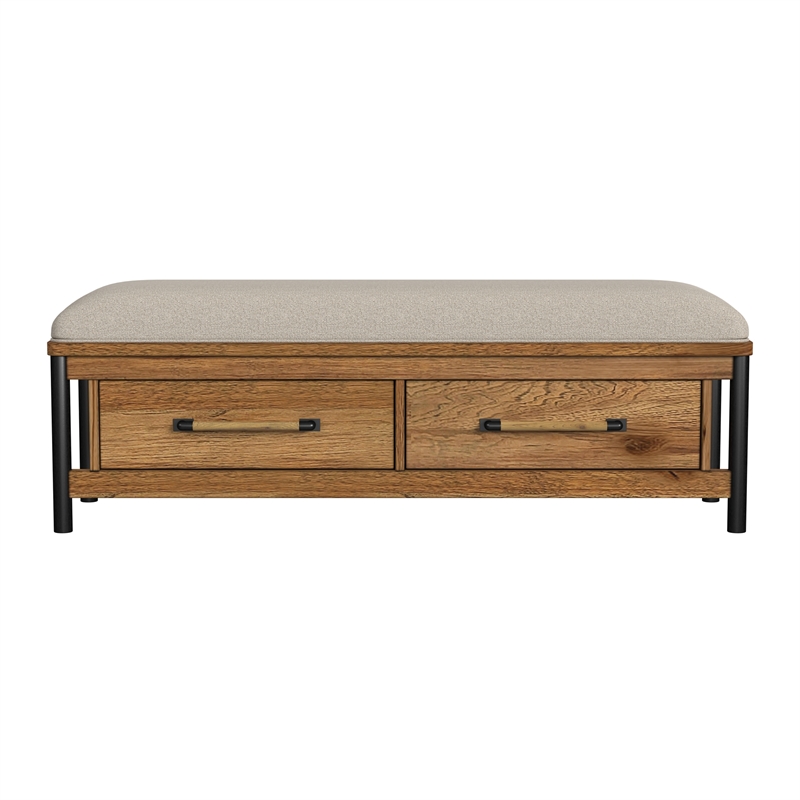 Pemberly Row Modern Storage Bench with Drawers Hickory Finish