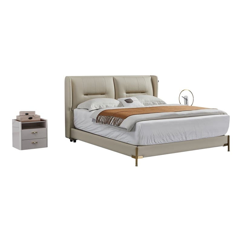 Pemberly Row Genuine Leather & Metal Eastern King/King Bed in Cream
