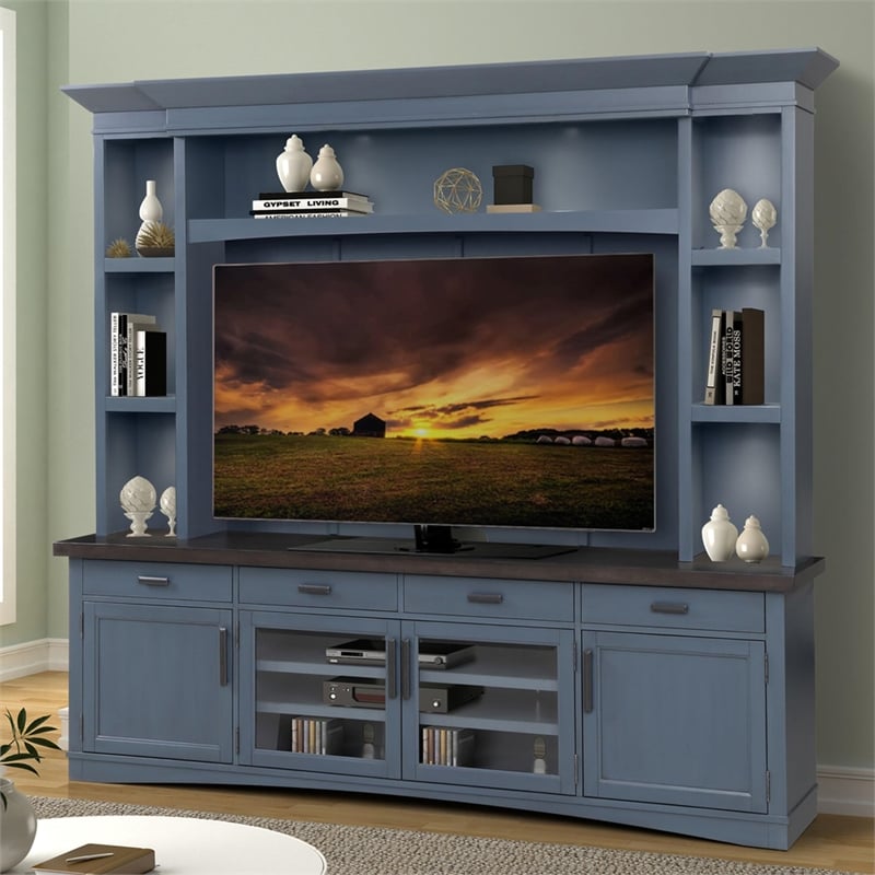 Pemberly Row Modern Wood TV Console with Hutch Back Panel in Denim