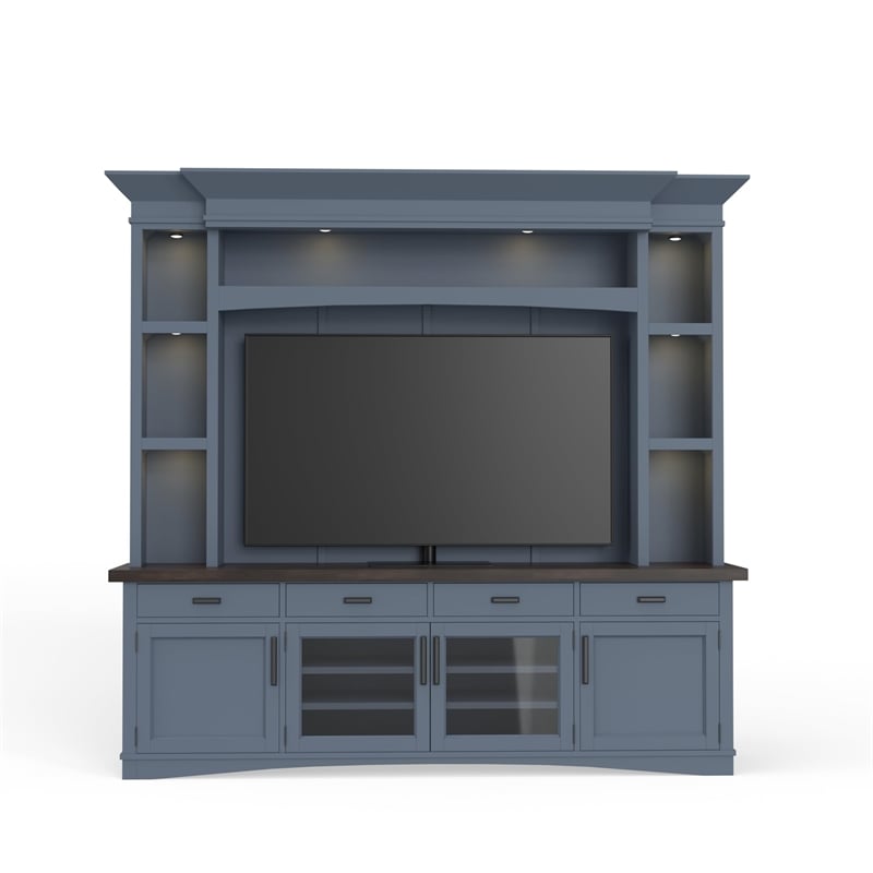 Pemberly Row Modern Wood TV Console with Hutch Back Panel in Denim