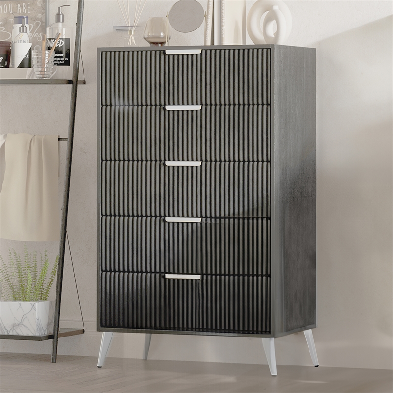 Pemberly Row Contemporary Wood 5-Drawer Chest in Gray Finish
