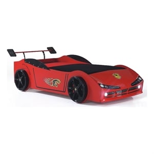 Pemberly Row Modern Woody Twin Race Car Bed with LED Headlights in Red