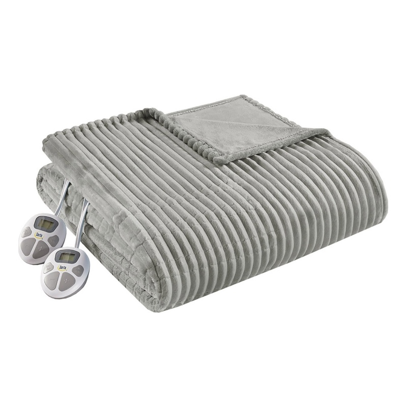 Pemberly Row Contemporary Solid Corded Plush Fabric Twin Heated Blanket in Gray