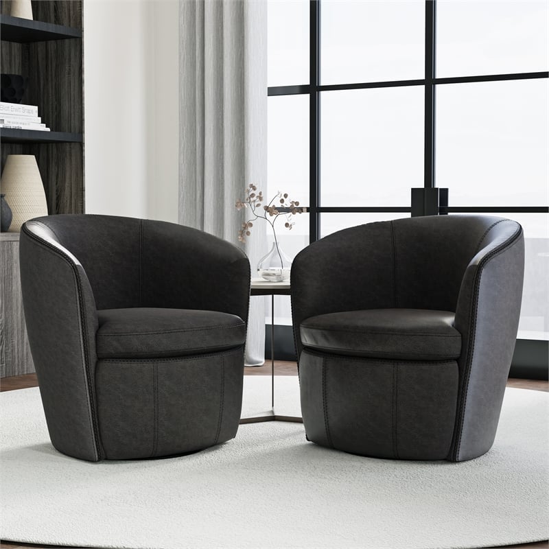 Pemberly Row Vintage Slate Italian Leather Swivel Club Chair Two Pack