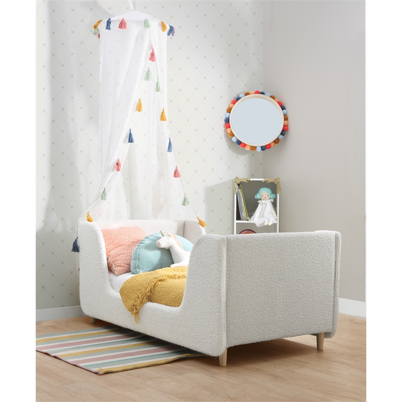 Pemberly Row Contemporary Upholstered Boucle Toddler Bed in White