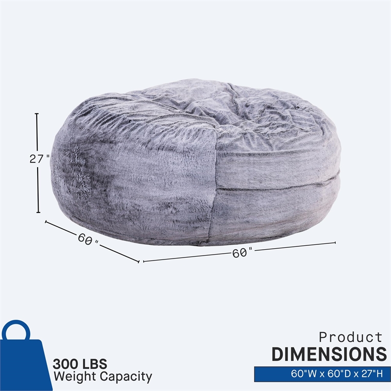 Pemberly Row 5ft Gray Faux Fur Memory Foam Bean Bag with Shredded Foam