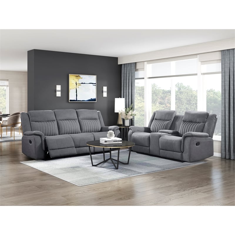Pemberly Row Modern Microfiber Double Reclining Sofa in Gray